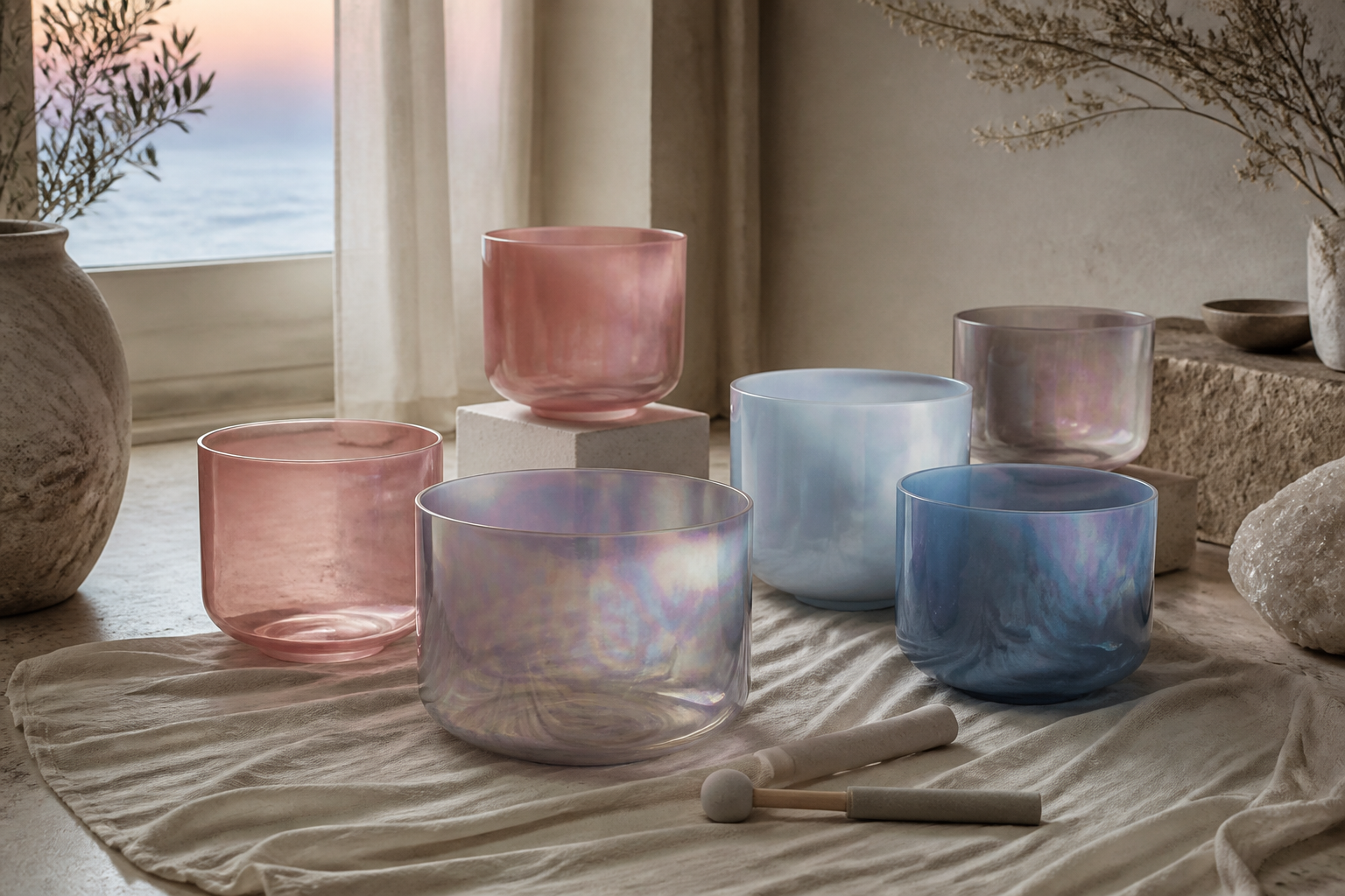 Blush pink, iridescent and twilight blue alchemy crystal singing bowls arranged in a quiet sanctuary