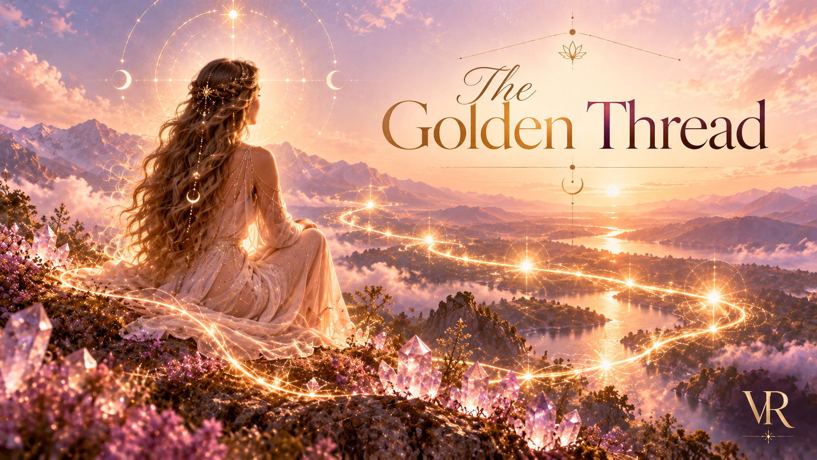 The Golden Thread: a woman in a flowing blush dress overlooking a mountain lake at sunrise, with a luminous golden thread winding across the landscape and crystals in the foreground.