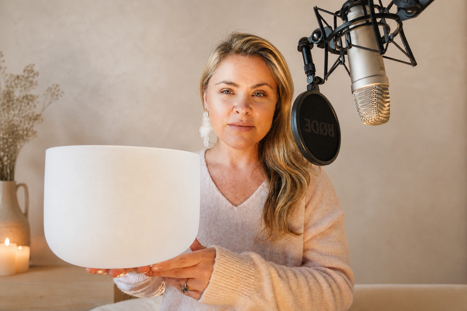 Victoria Rebecca with a crystal singing bowl beside her recording microphone